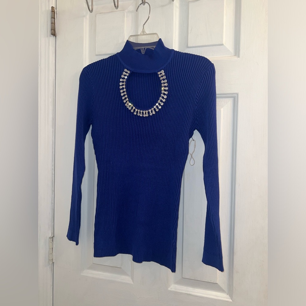 Size medium blue diamond gem bedazzled cutout neckline ribbed longsleeve sweater